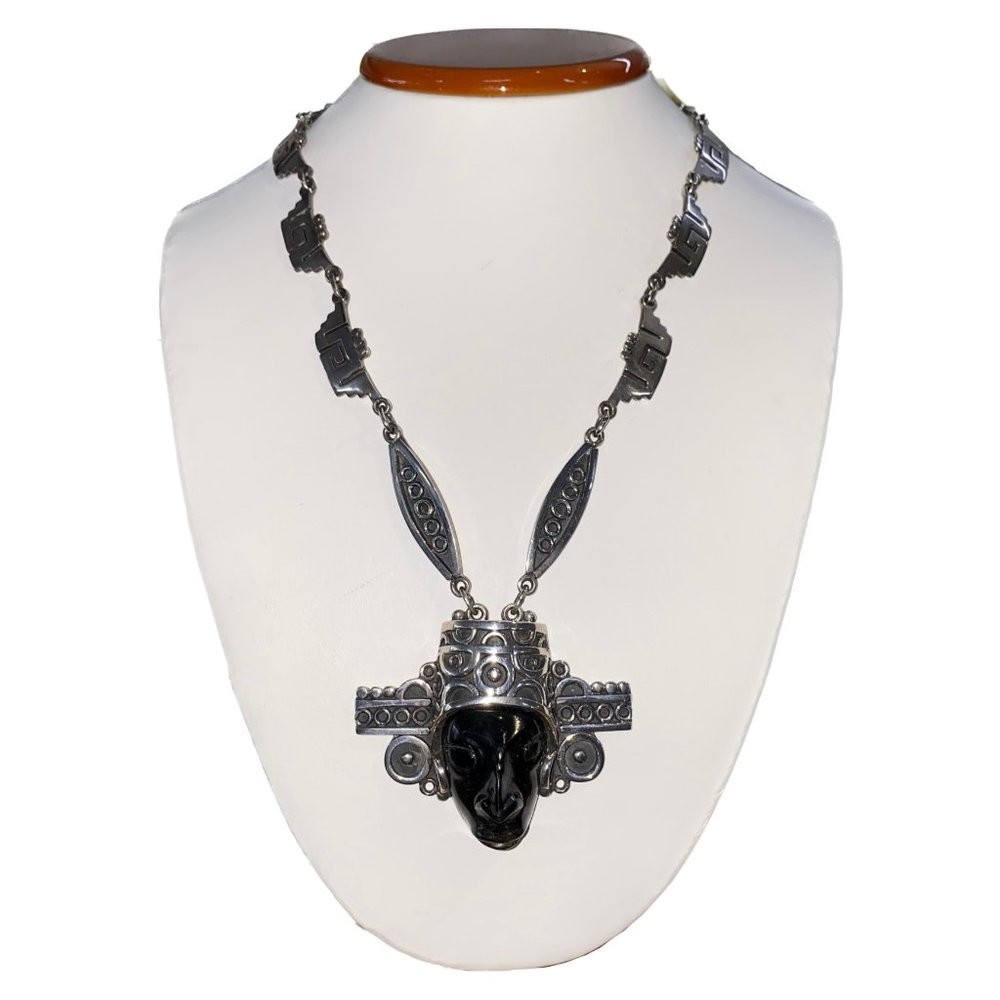 Aztec Mexican Black Onyx Sterling Silver Necklace